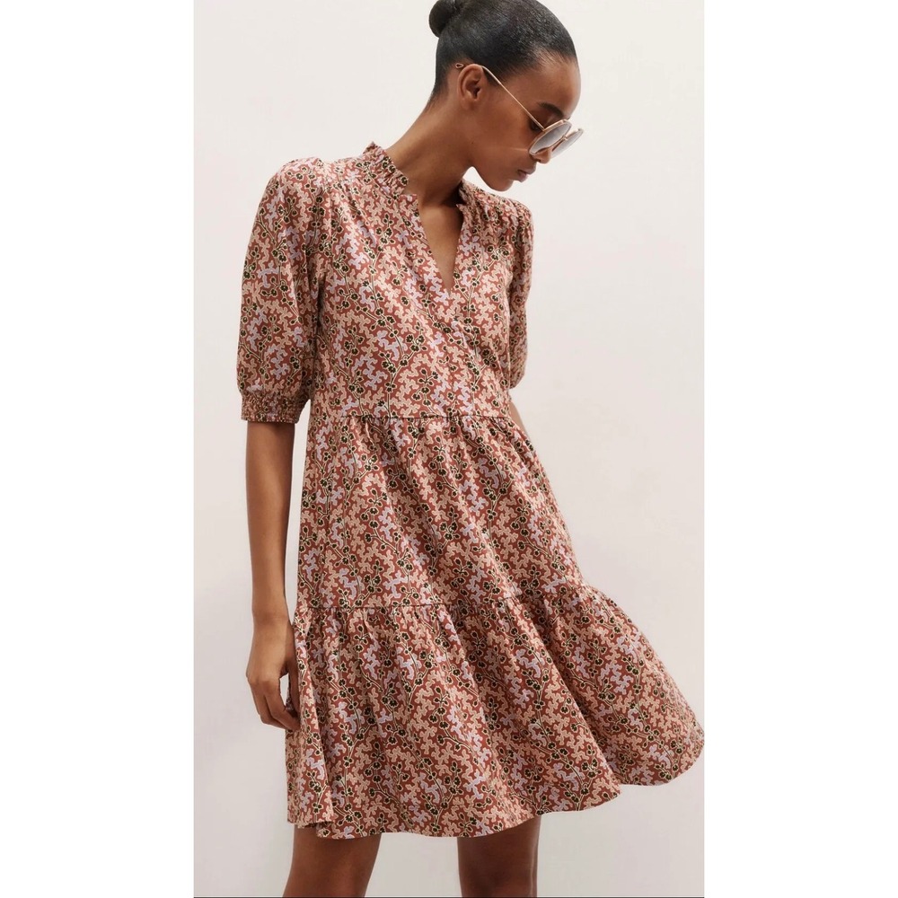 ME+EM Climbing Buds Print Short Tiered Slub Dress Rust Lilac US 8